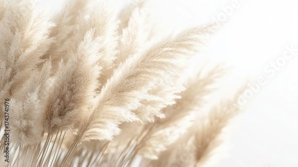 Fototapeta A soft, ethereal composition of pampas grass swaying gently, showcasing delicate textures and warm tones against a light background.