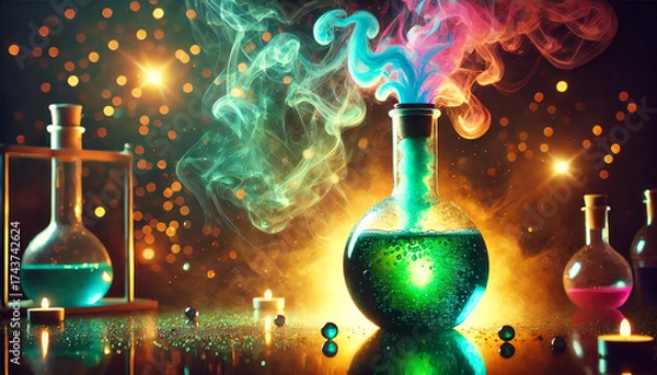 Fototapeta A glowing Erlenmeyer flask filled with a bubbling, vibrant emerald green liquid, emitting colorful, dramatic wisps of smoke in shades of pink, blue