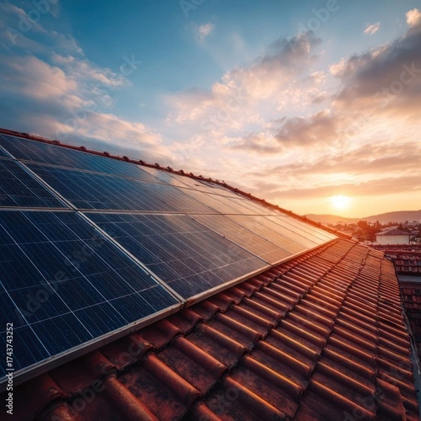 Fototapeta Solar Panels on Red Tiled Roof During Sunset Sky