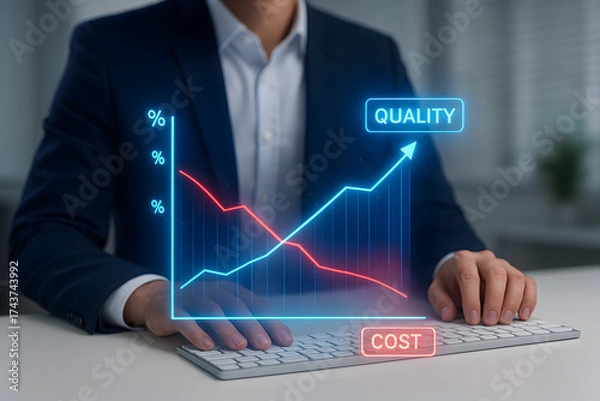 Fototapeta Business cost and quality analysis for performance optimization. Hands typing on keyboard with a digital overlay of graphs, showcasing trends, insights, and efficiency improvement strategies.
