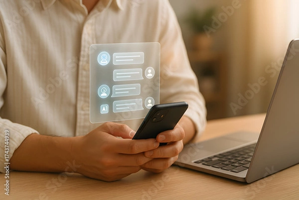 Fototapeta Business man using digital chatbot application Artificial Intelligence at home for online customer service. AI Chat Technology for Seamless Communication and Customer Engagement