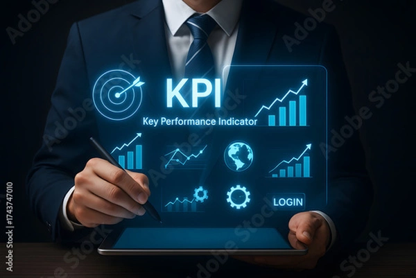 Fototapeta Business Professional Using KPI Dashboard and Digital Analytics Tools for Strategic Planning, Performance Management, and Success Goals