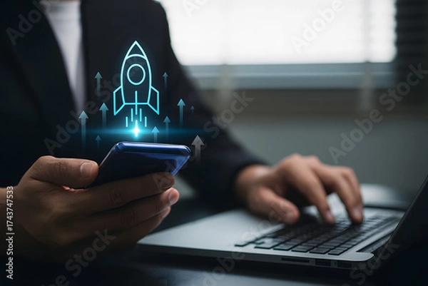 Fototapeta Business startup concept with businessman launching rocket, symbolizing investment growth, strategic planning, and corporate success through leadership and client base development