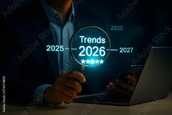 Fototapeta Businessman analyzing 2026 trends with magnifying glass over laptop, symbolizing future technology, global forecasting, strategic planning, and digital innovation for growth