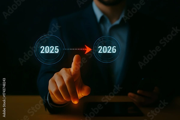 Fototapeta Business transformation and future planning from 2025 to 2026 with finger launching red arrow toward goal, symbolizing leadership, direction, and a strategic roadmap for success