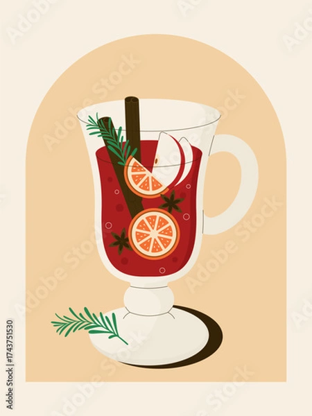 Fototapeta Flat vector illustration of mulled wine in a glass with orange, apple, cinnamon, and spices. Cozy winter and Christmas drink, perfect for holiday design and festive decoration.
