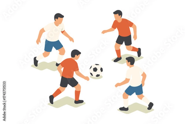 Obraz Soccer players engaged in a game with isometric design on white background
