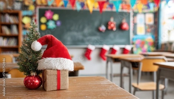 Obraz Festive classroom scene with Santa hat on gift, tiny tree, stockings, and blurred decorations