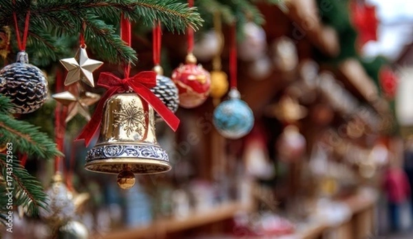 Fototapeta Festive close-up of ornaments hanging from a pine branch, focus on a bell with a red bow