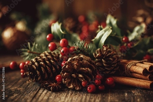 Obraz Festive holiday arrangement of pine cones, berries, evergreen sprigs, and cinnamon sticks
