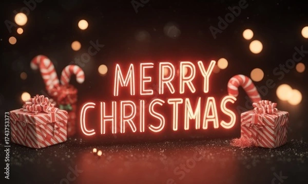 Fototapeta Festive illuminated greeting with candies and gifts on a dark, bokeh-lit background