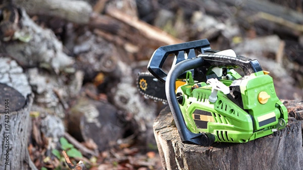 Fototapeta Chainsaw. saws a log with a chainsaw, prepares firewood for winter, hard rural work. A chainsaw stands on a stump, logs need to be cut into firewood. Close-up. gasoline tool