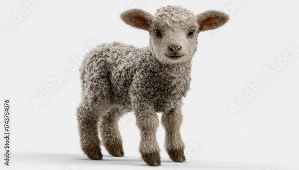 Obraz Fluffy lamb, front view, on white background, showcasing the animal's wool and gentle expression
