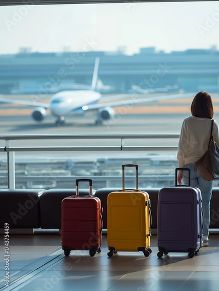 Fototapeta Traveler Waiting at Airport with Colorful Suitcases and Airplane View