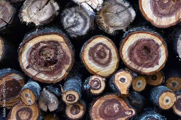 Fototapeta Firewood close-up. Preparing firewood for the winter, preparing for the heating season. tree trunks in nature. many cut tree trunks. Front view. Natural background.