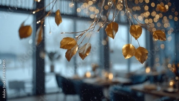 Fototapeta Golden-leafed chandelier inside, blurred restaurant background with snow outside a window