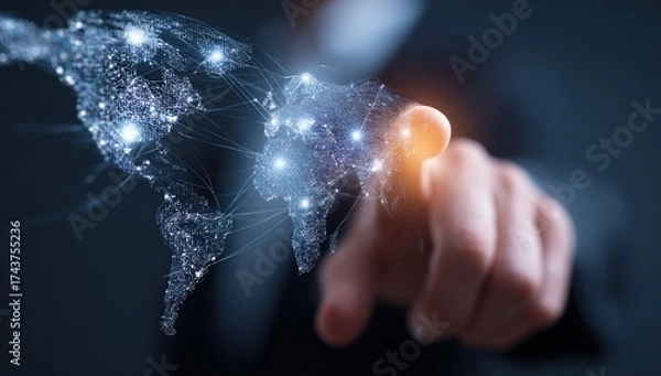 Fototapeta Hand pointing at a glowing, networked world map, symbolizing connectivity and global reach