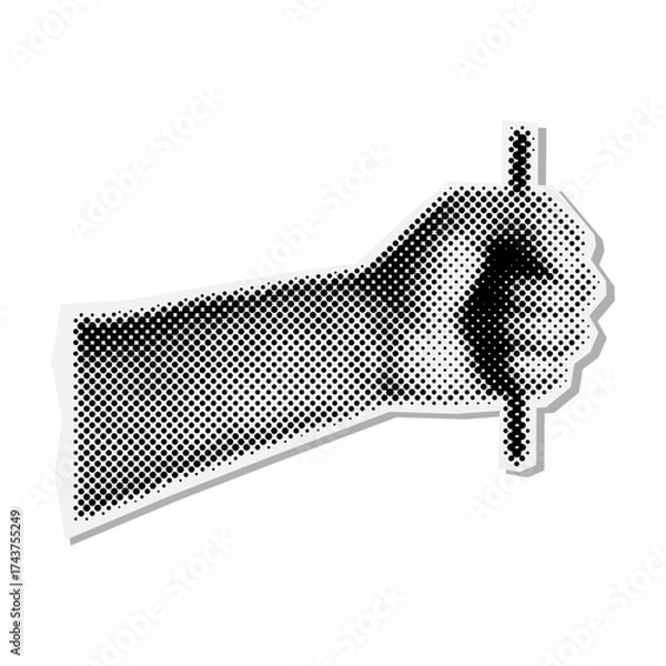 Fototapeta Halftone comic collage, dotted male hand, holding pen in its fist. Retro pop art sticker, pop art element for wallpaper, flyer, presentation, isolated on white background. EPS10 vector illustration