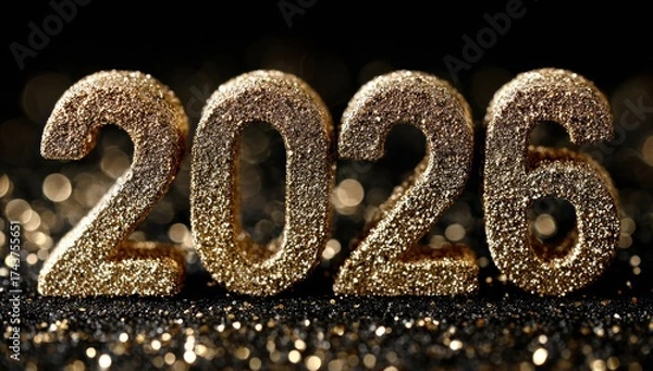 Fototapeta Glittering gold numerals "2026" on a black glitter background with blurred bokeh lights