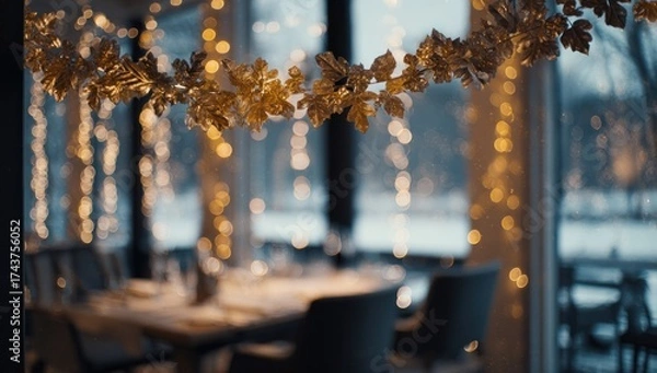 Fototapeta Interior view of a restaurant with holiday decorations, blurred lights, and a window view