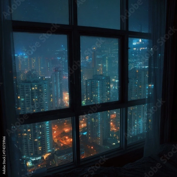 Fototapeta Rainy Cityscape View Through Large Window at Night with Teal and Orange Lights