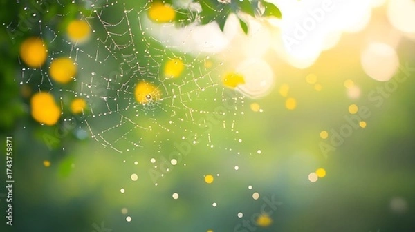 Obraz Delicate spiderweb covered in dew drops with abstract light painting background