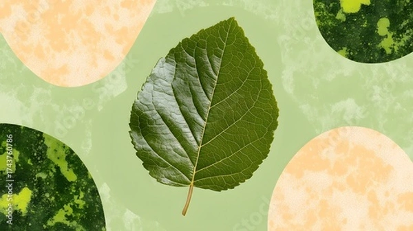 Obraz Leaf illustration on pastel background, decorative circle elements with texture overlay