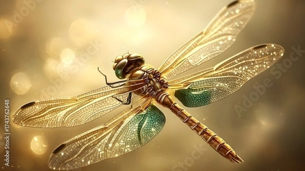 Obraz Majestic golden dragonfly with iridescent wings in shimmering light and bokeh