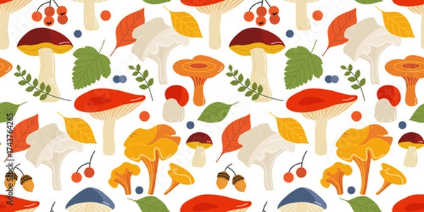 Fototapeta seamless pattern of wild mushrooms and autumn leaves. flat drawing with linear elements, bright color. stock vector illustration. EPS 10.