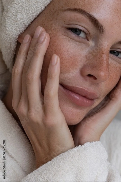 Obraz A close-up of a woman's face with visible freckles and soft fingers gently resting on her cheek while she wears a white towel robe and looks toward the camera