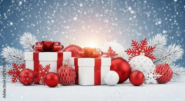 Fototapeta Christmas gifts and baubles with snowflakes in winter