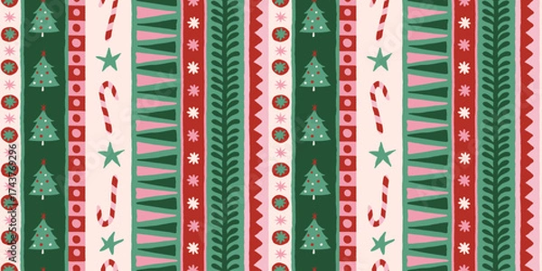 Fototapeta Vector Christmas and New Year seamless pattern, abstract hand-drawn whimsical background for greeting cards, wrapping paper, banners, striped, plaid, and checkered designs 