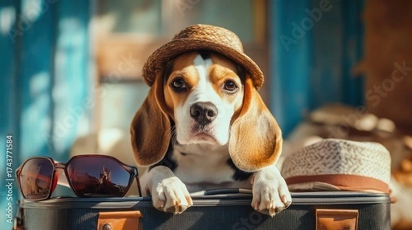Fototapeta Beagle Puppy Wearing Straw Hat Sitting in Travel Suitcase