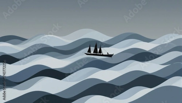 Obraz A small sailing vessel navigates choppy ocean waves under a gray sky