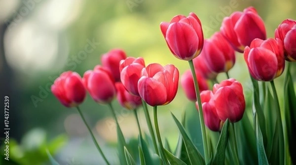 Fototapeta Red Tulip Flowers Blooming in Garden with Bokeh Background