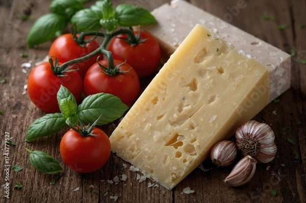 Fototapeta Tomatoes, basil, and aged cheese arranged on a rustic wooden surface