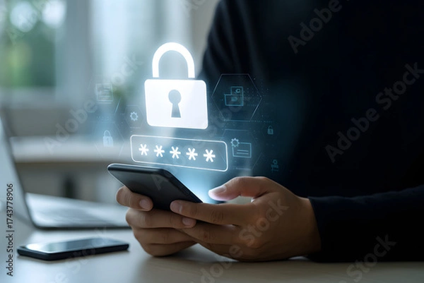 Fototapeta Person using a smartphone with a password input or OTP code and lock icon, emphasizing security and online authentication. data protection and secured internet access