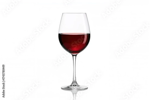 Fototapeta Single glass of red wine against a plain white background, sharp focus with a clipping path