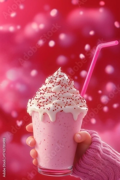 Fototapeta romantic pink milkshake.
A glass of pink milkshake with fluffy whipped cream and red sprinkles, decorated with a pink straw on a bright background with blurred hearts.