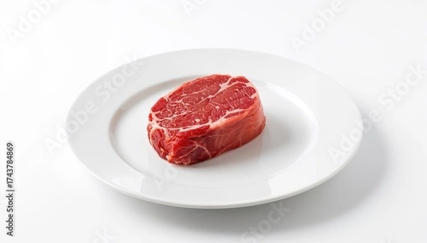 Obraz Uncooked beef fillet steak displayed on a dish against a white backdrop