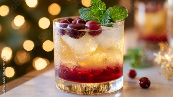 Fototapeta Festive Christmas cocktail with layers of fruit and ice on a festive table with holiday lights in the background