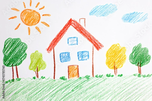 Fototapeta Bright crayon drawing of a house with trees and sun in a colorful landscape. Naive childish illustration.