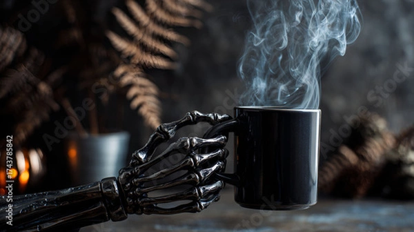 Fototapeta Skeleton hand holding a steaming mug in a dark setting with ferns and warm lights. Halloween background.