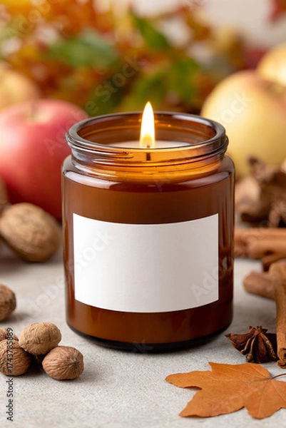Fototapeta Warm autumn candle surrounded by apples, nuts, and spices creating a cozy atmosphere in a rustic setting