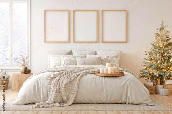 Fototapeta Cozy winter bedroom with a decorated Christmas tree and neutral decor featuring a warm bedding setup and soft lighting. Empty vertical frames set of 3 for wall art mockup.