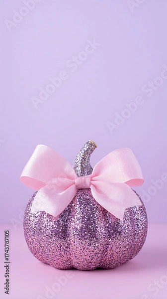 Fototapeta Sparkling pink pumpkin with a shiny bow on a pastel background for autumn decor or Halloween celebration