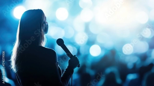 Fototapeta Silhouette Woman Speaking Into Microphone on Stage with Audience Lights