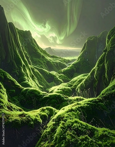 Fototapeta Mossy mountains under aurora