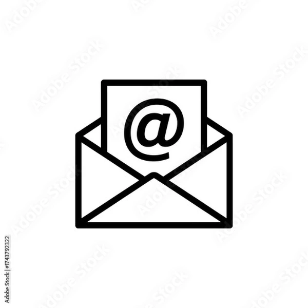 Fototapeta Minimalist black and white line art envelope with at symbol email icon for digital communication