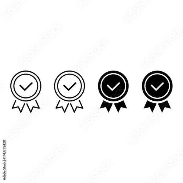 Fototapeta Set of four black and white award medals with checkmarks for achievement and recognition